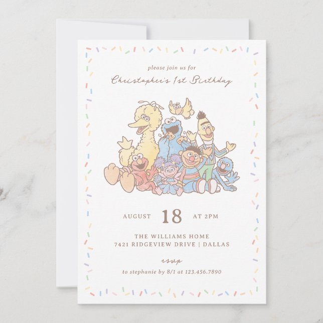 Sesame Street Pals Watercolor Confetti Birthday Invitation (Front)