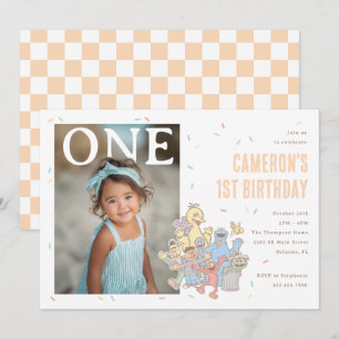 Sesame Street Pastel Orange Confetti 1st Birthday Invitation