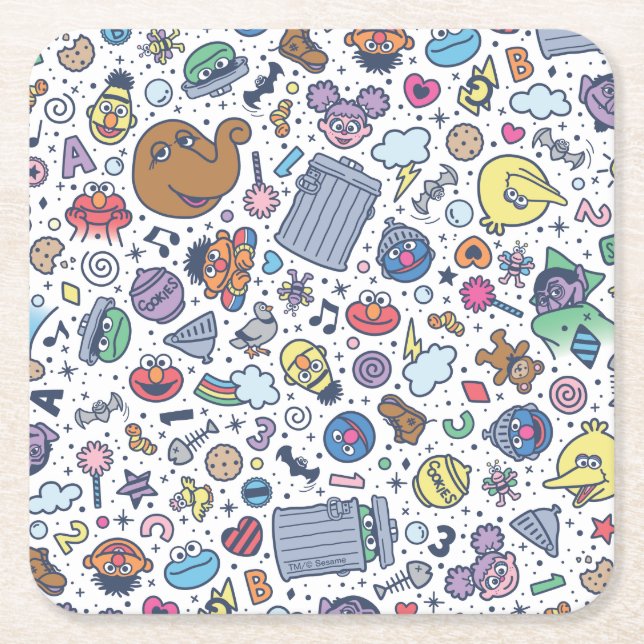 Sesame Street | Sesame Pals Doodle Pattern Square Paper Coaster (Front)
