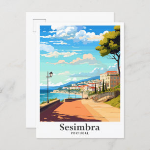 Sesimbra Portugal Art Vintage Travel Illustration Postcard