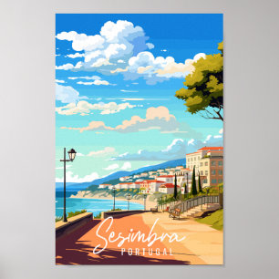 Sesimbra Portugal vintage travel illustration Poster