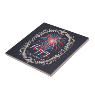 Sesquicentennial Fireworks Vintage Frame Ceramic Tile