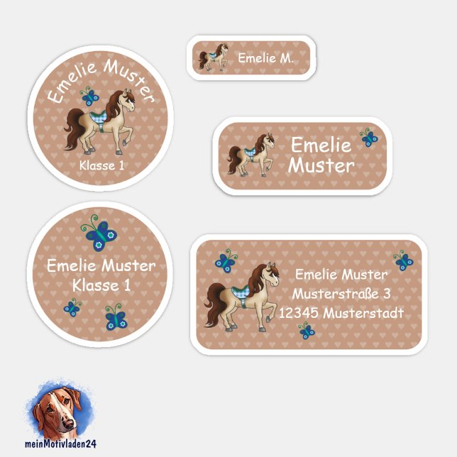 Set - 24 name stickers horses heartbeat | (Namensaufkleber Set für Mädchen - Pferde - Herzchen braun - 24 teilig, personalisierbar )
