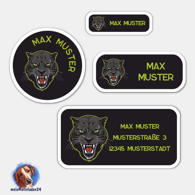 Set - 24 name stickers Panther black | (Namensaufkleber Set für Kinder - Panther schwarz - 24 teilig, personalisierbar )