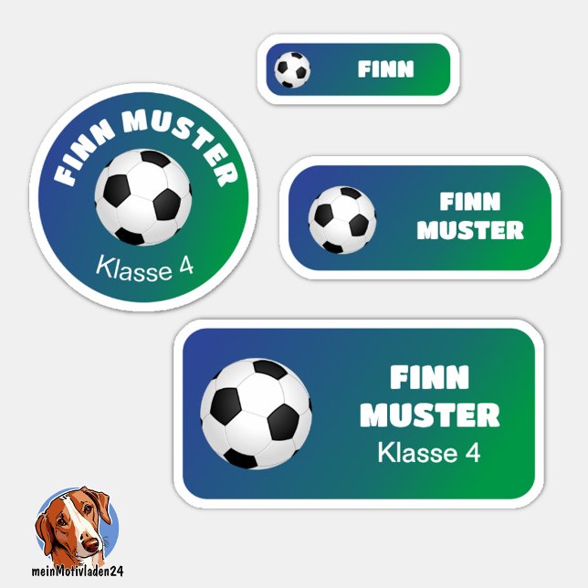Set - 24 name stickers, soccer, gradient | (24 verschiedene Namensaufkleber für Kinder - Motiv: Fußball - Farbverlauf Blau - Grün)