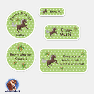 Set - 24 Namensaufkleber Pferde Sterne grün   