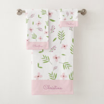 Set bath towels Flowers and spring leaves