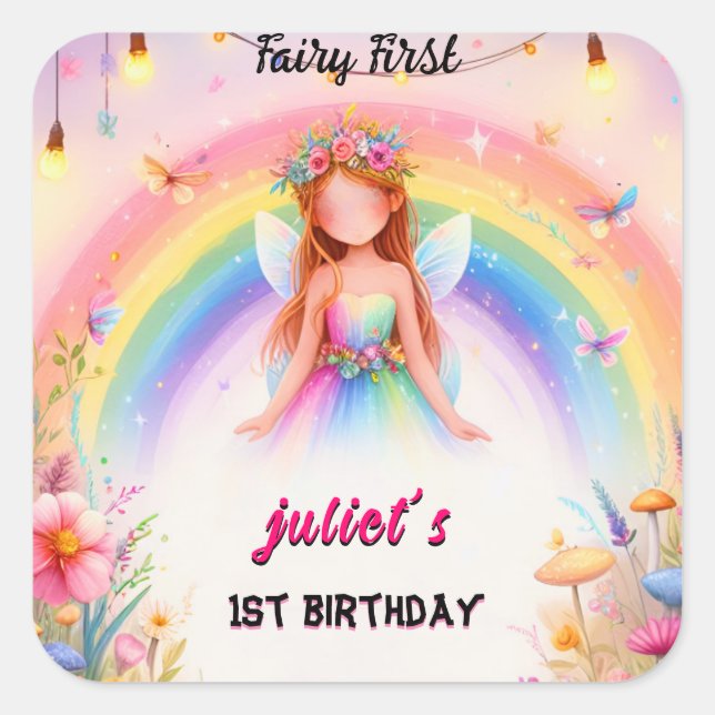 set cute Floral Pink girl fairy first 1st birthday Square Sticker (Front)