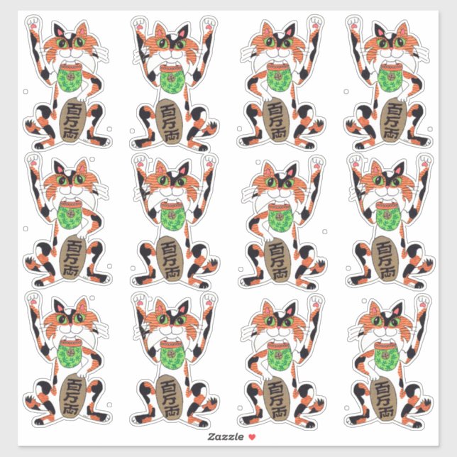 Set of 12 Cute Maneki Neko Lucky Beckoning Cats (Sheet)
