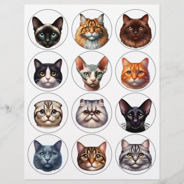 Set of 12 Pretty Round Illustrations of Cat Breeds (Front)