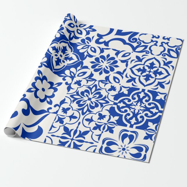 Set of 16 tiles Azulejos in blue,  white. Original Wrapping Paper (Unrolled)
