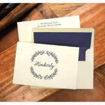 Set of 25 Elegant Navy Blue Laurel Fold Note Cards