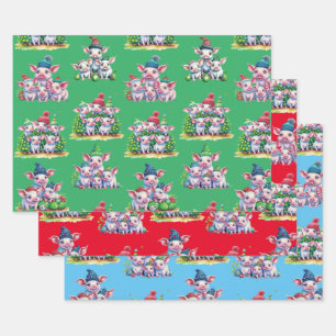 Set of 3 Assorted Adorable Pig Christmas Gift Wrap