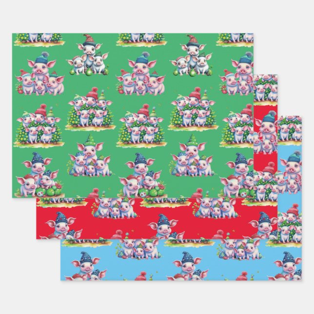 Set of 3 Assorted Adorable Pig Christmas Gift Wrap (Set)