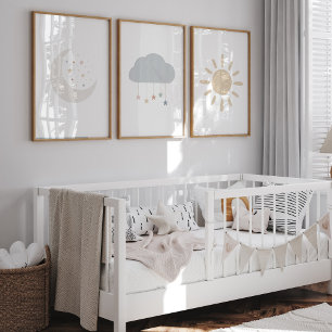 Set of 3 boho moon, cloud, sun print