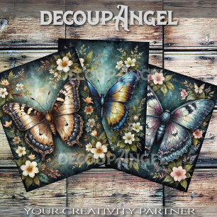 set of 3 Butterfly and Flowers -Decoupage- Wrapping Paper Sheet