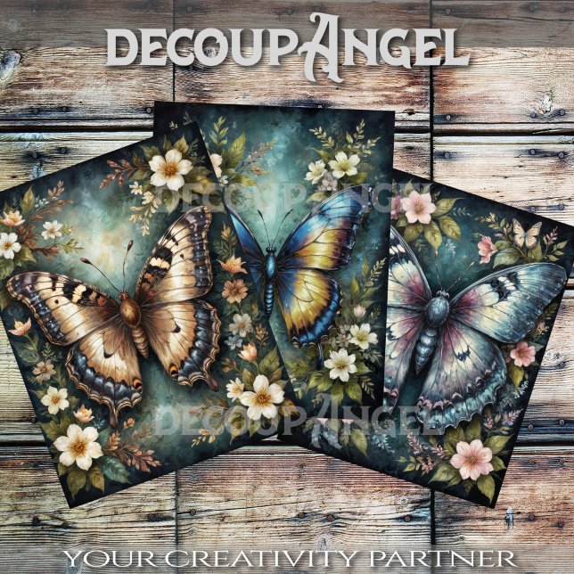 set of 3 Butterfly and Flowers -Decoupage- Wrapping Paper Sheet (Creator Uploaded)