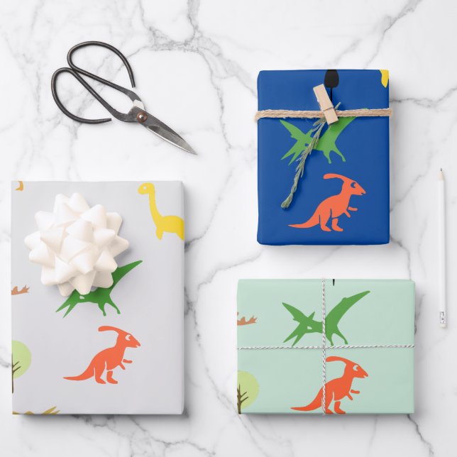Set of 3 Colourful Dino Forest for Kids Wrapping Paper Sheet (Front)