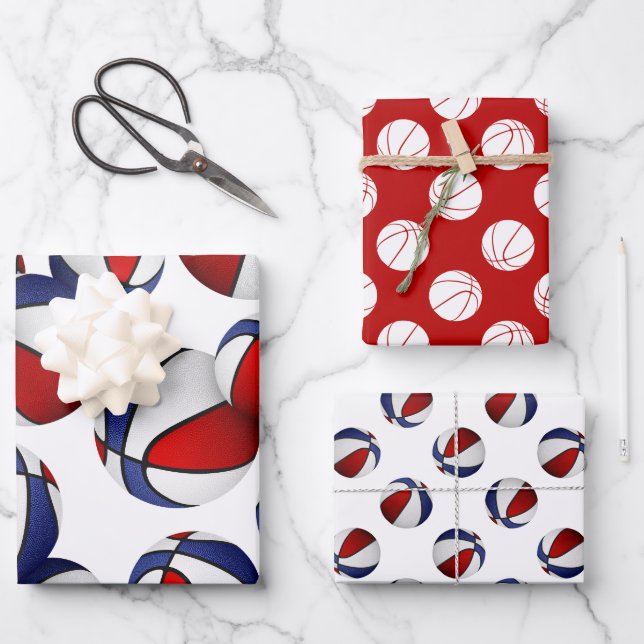 set of 3 coordinating red blue basketballs wrapping paper sheet (Front)
