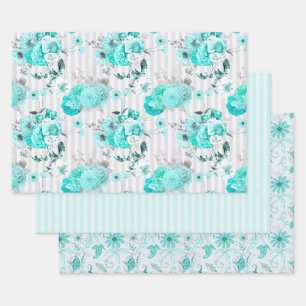 Set of 3 Coordinating Turquoise Floral and Stripes Wrapping Paper Sheet