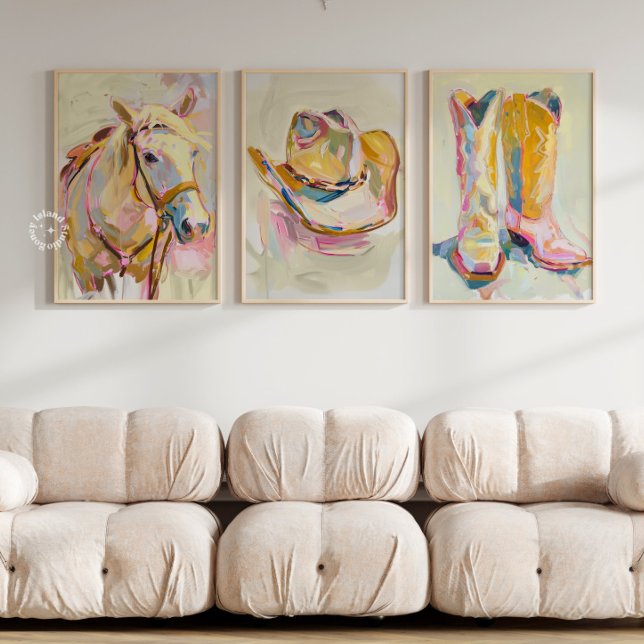 Set of 3 Cowgirl Boot Hat Horse Western Prints (Western Wall Art, Cowgirl Boot Print, Cowboy Hat Artwork, Horse Print, Rustic Home Decor, Ranch Styl)