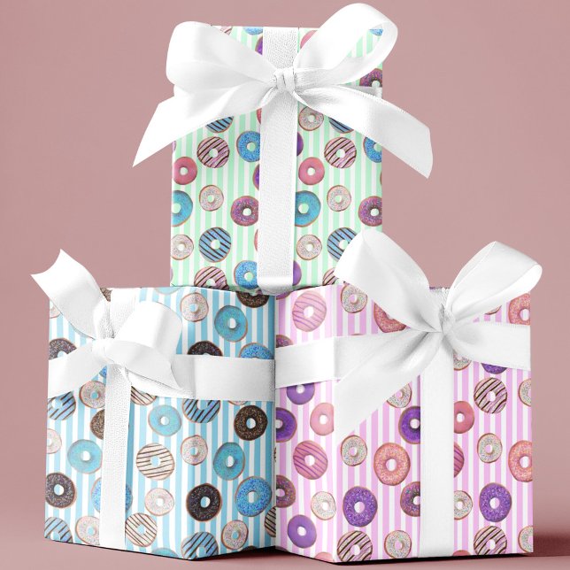 Set of 3 Cute Doughnut kids pastel stripes birthda Wrapping Paper Sheet (Creator Uploaded)