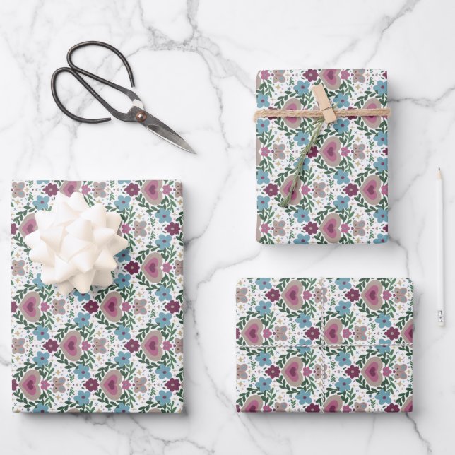 Set of 3-Earthy Pink & Teal Flowers and Hearts Wrapping Paper Sheet (Front)