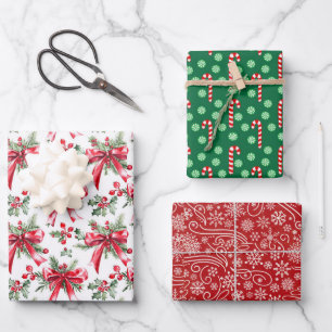 Set of 3 Festive Christmas Holiday  Wrapping Paper Sheet