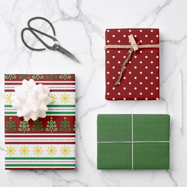 Set of 3 Festive, Coordinating Christmas Wrapping Paper Sheet (Front)