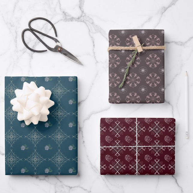 Set of 3 floral patterned wrapping paper (Front)
