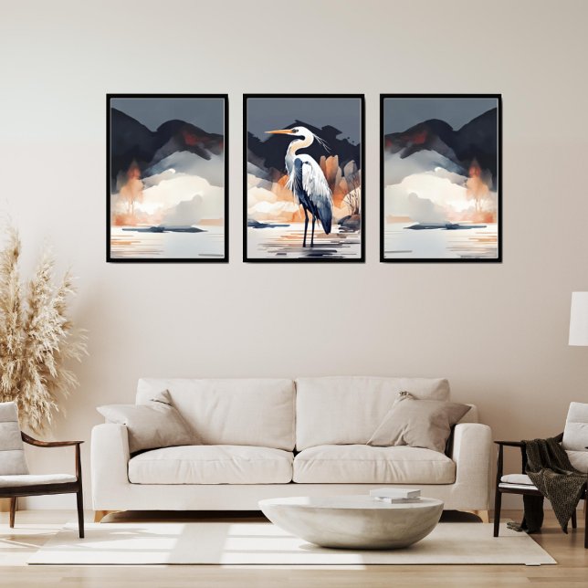 Set of 3 Heron Landscape Paintings | Orange & Gray (Creator Uploaded)