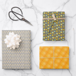 Set of 3 Honeycomb and Bees Wrapping Paper Sheet