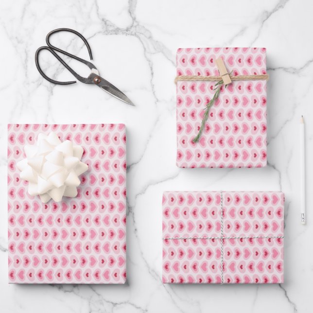 Set of 3-Modern Light Pink & Red Hearts Wrapping Paper Sheet (Front)