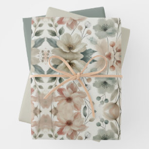 Set of 3 Pastel Green Floral Flat Wrapping Paper