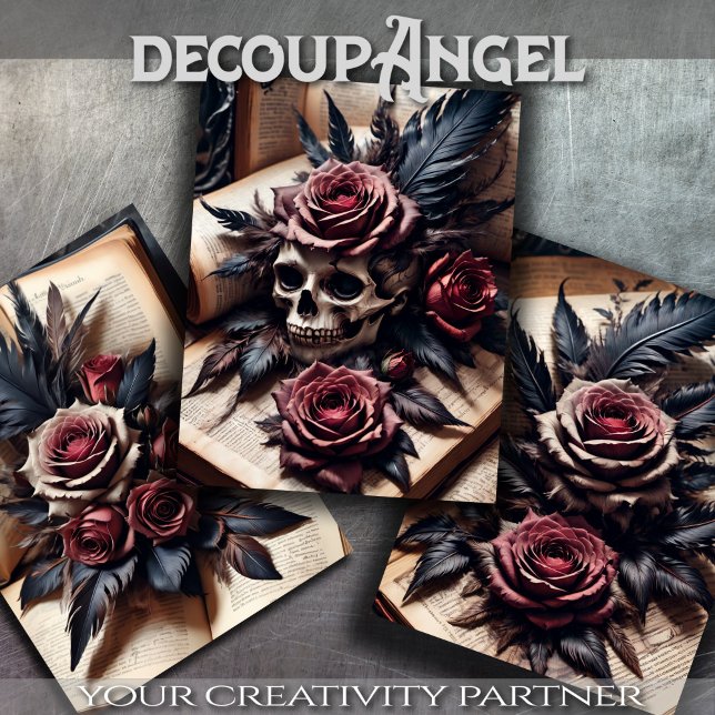 Set of 3 - Skull and Scarlet Roses #1 - Decoupage  Wrapping Paper Sheet (Creator Uploaded)