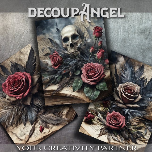 Set of 3 - Skull and Scarlet Roses #2 - Decoupage  Wrapping Paper Sheet (Creator Uploaded)