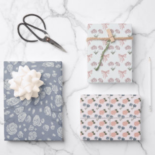 Set of 3 Soft Cottagecore and Coquette Patterned Wrapping Paper Sheet