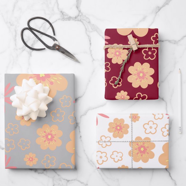 Set of 3 Unique Retro Flower Wrapping Paper Sheet (Front)