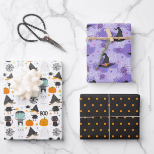 Set of 3 Whimsical Halloween  Wrapping Paper Sheet