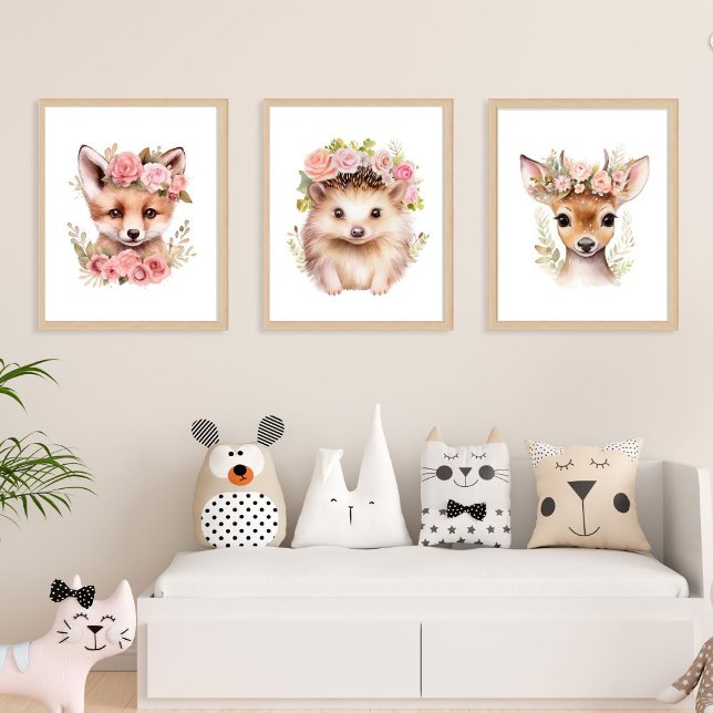 Set Of 3 Woodland Animals Girl Pink Nursery Prints (Creator Uploaded)