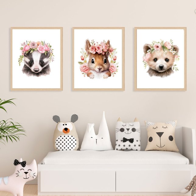 Set Of 3 Woodland Animals Pink Girl Nursery Prints (Creator Uploaded)