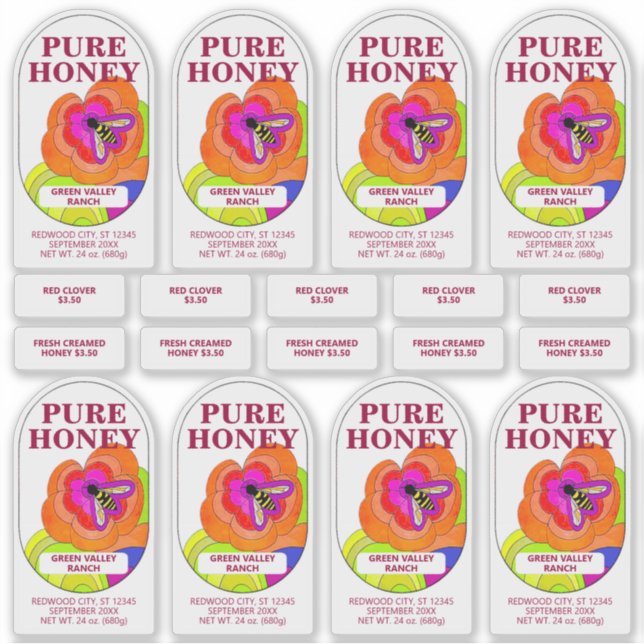 Set of 8 Pop Art Flower Transparent Honey Jar Food (Front)