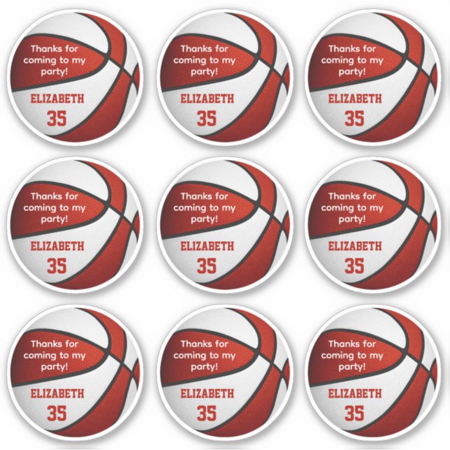 set of 9 red white basketball party thank you (Front)