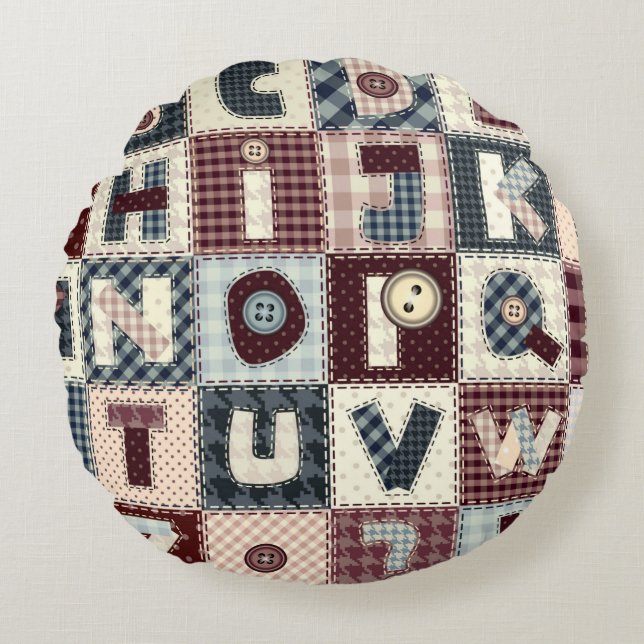 Set of alphabets letters in patchwork style. May b Round Cushion (Front)