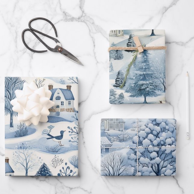 Set of Blue & White Snowy Festive Christmas Wrapping Paper Sheet (Front)