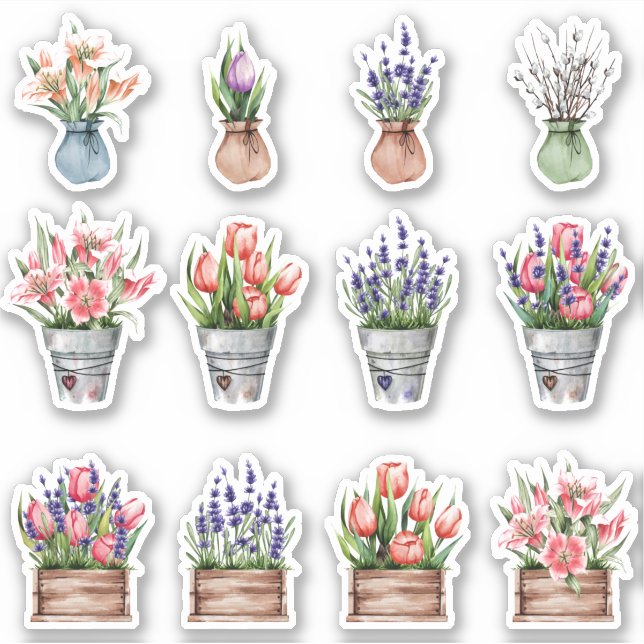 set of bouquets of flowers in pots  sticker (Front)
