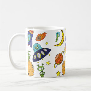 Set of cartoon illustrations about space in bright coffee mug