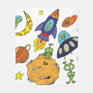 Set of cartoon illustrations about space in bright fleece blanket