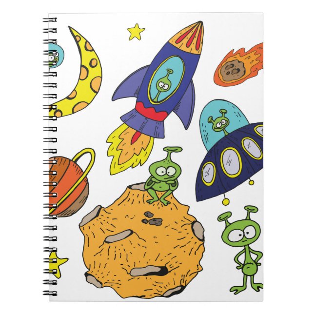 Set of cartoon illustrations about space in bright notebook (Front)