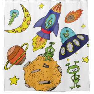 Set of cartoon illustrations about space in bright shower curtain